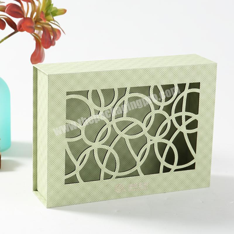 new design Luxury whose sales customized box rigid green special elegant cosmetic perfume hollow out special paper packaging  box