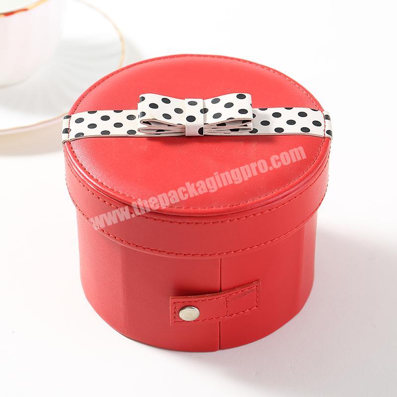 new design red  Pu Leather round shape make up  Packing Gift jewelry Box with ribbon for christmas gift
