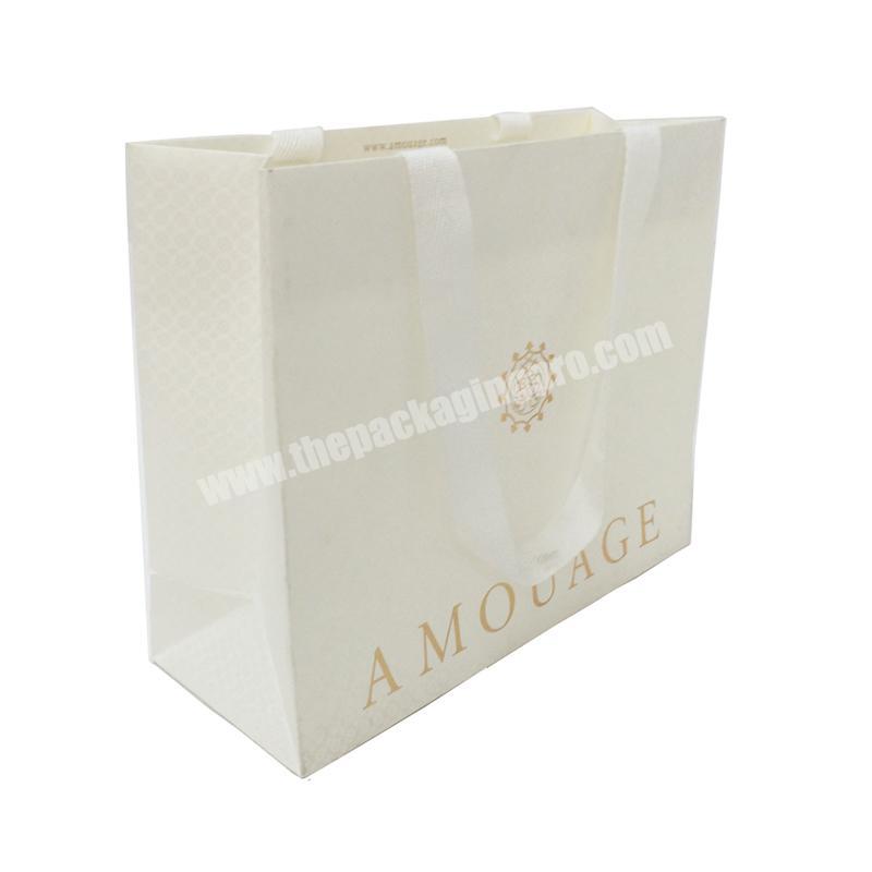 New Gold Logo Hot Foiled Stamping Customized White Matt Kraft Paper Bag With Ribbon Handles
