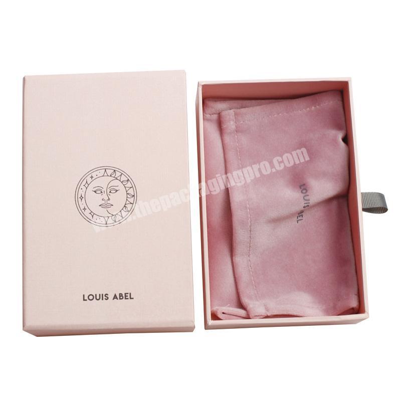 NEW OEM Pink Texture Paper Custom Logo Printed Drawer Sliding Gift Cardboard Box with Velvet Bag