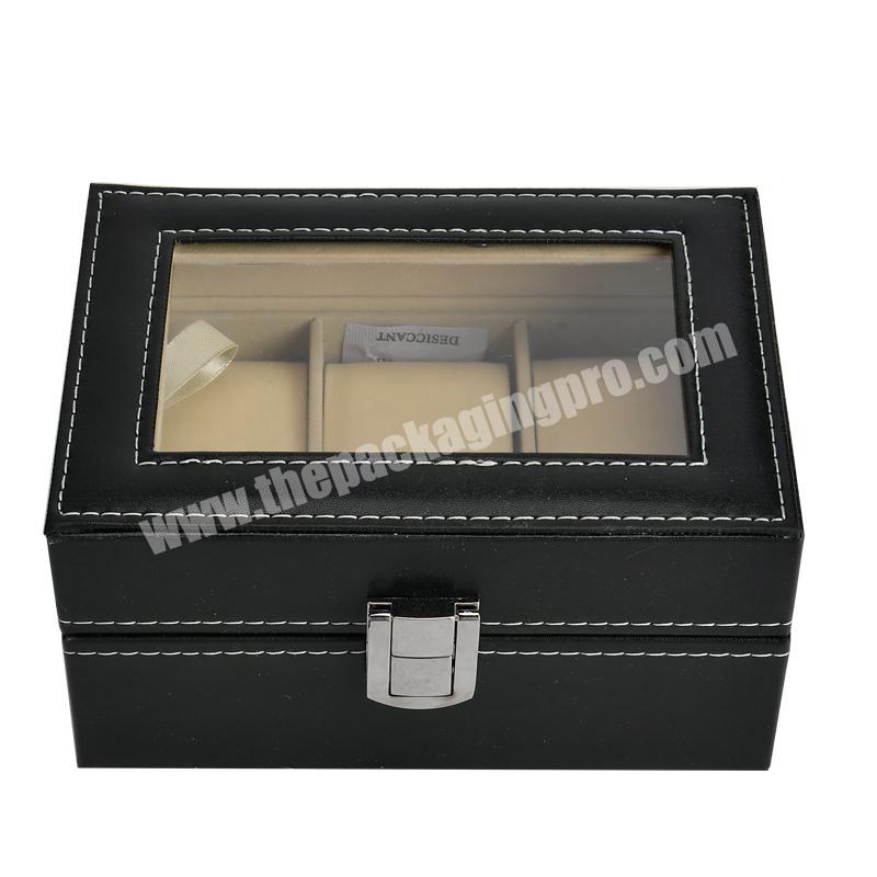 OEM High-end display  PVC window black 3 slots PU leather luxury gift  watch box men's storage and packaging case for watch