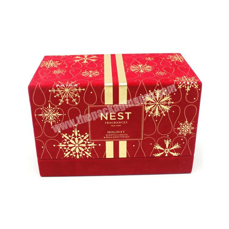 OEM Red Lucky Velvet Gold Stamping Wedding Candle Jars Gift Box Perfume Packaging with Plastic Tray