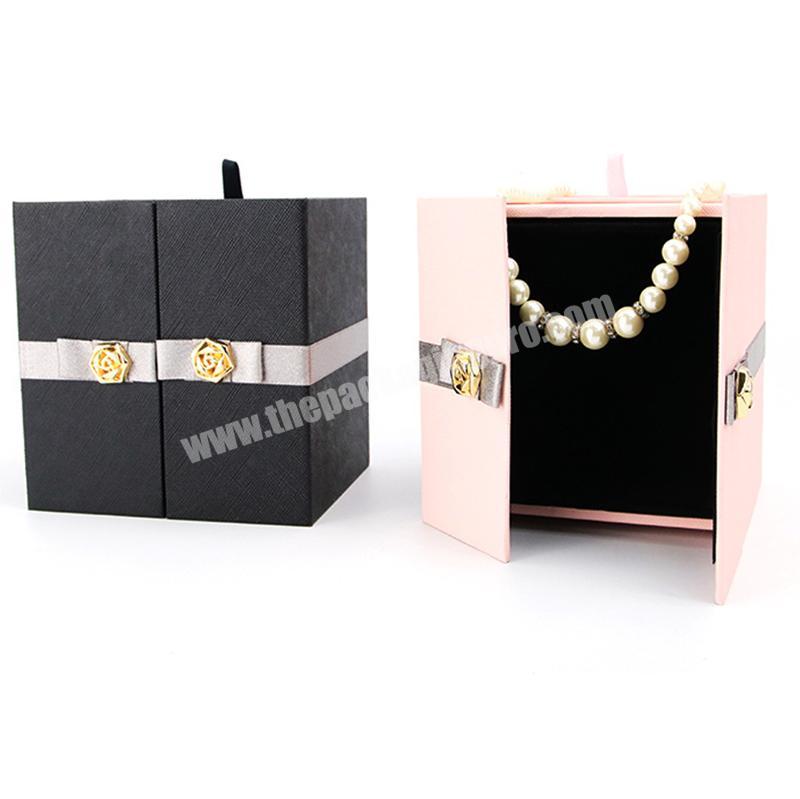 Paperboard Small Jewelry Storage Organizer Rose Decoration Paper Box Jewelry Drawer Double Door Custom Necklace Box