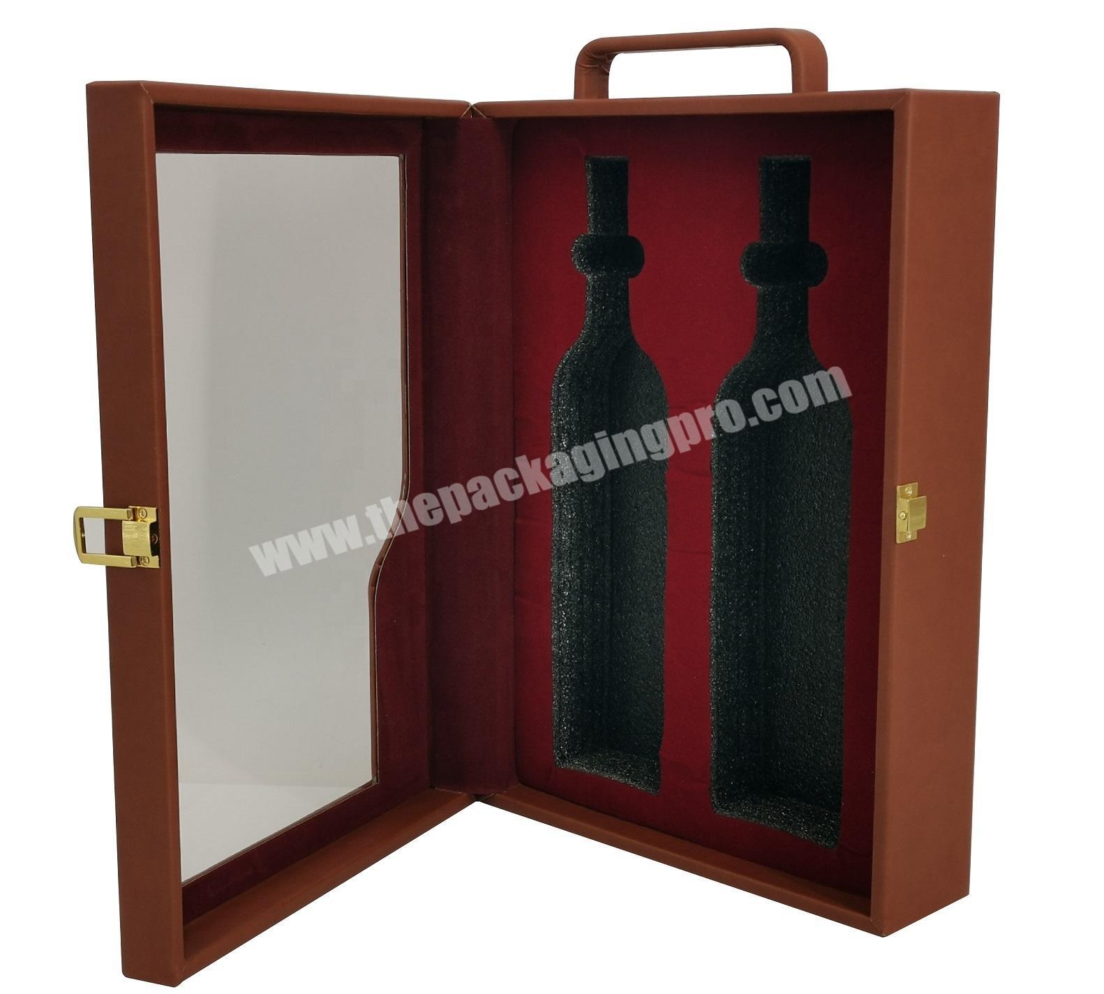 PE-Foam Inserts Two Wine Bottles PU Leather Holder Gift Box With Clear Window