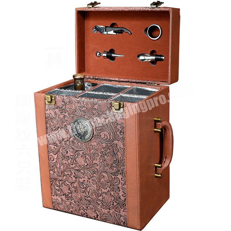 Phoenix tail pattern pu leather gift wine box free sample handmade 6 bottle wine box luxury wine box with bar tool