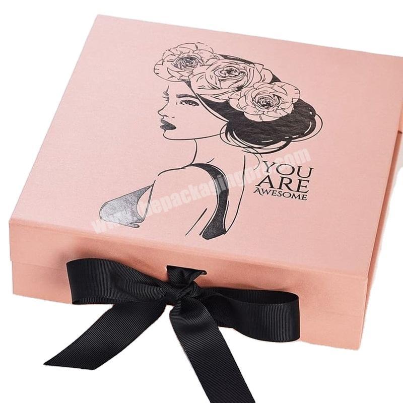 Pink and silk  ribbon gold foil stamping foldable custom magnetic   gift box