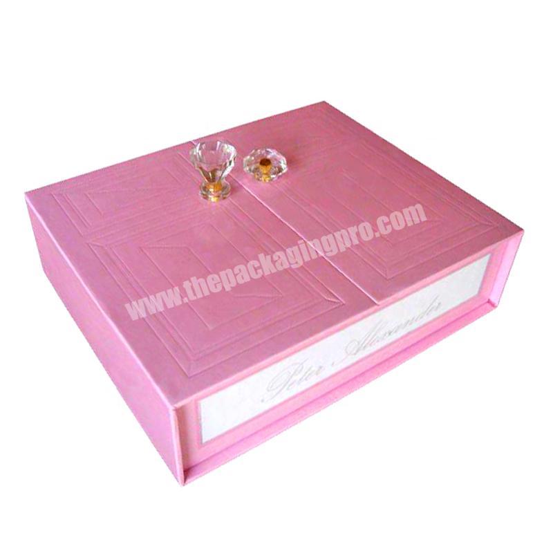 pink custom cardboard paper gift boxes with crystal handle for wig hair extension packaging