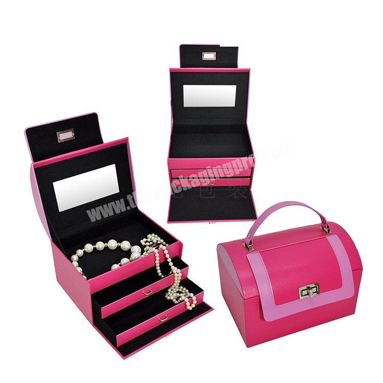 Pink  Elegant PU leather Luxury customized wooden pro table travel drawer storage gift box for jewelry