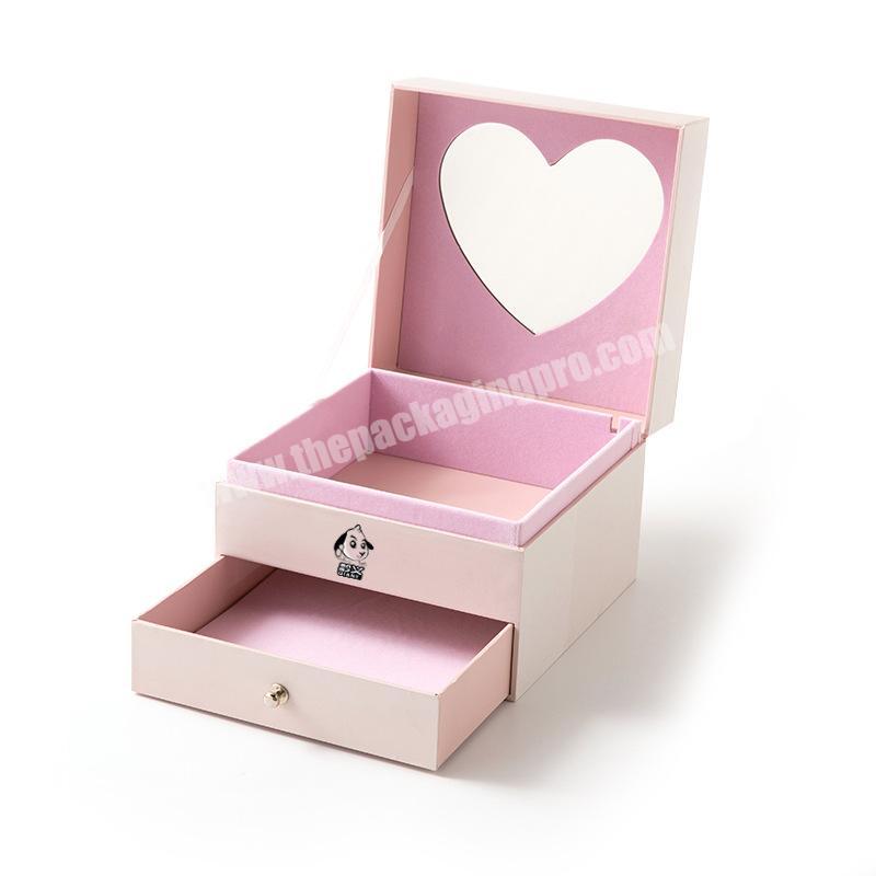 Pink Fashionable& lovely jewelry box Environmentally-friendly paper storage box with love mirror shaped earrings necklace ring