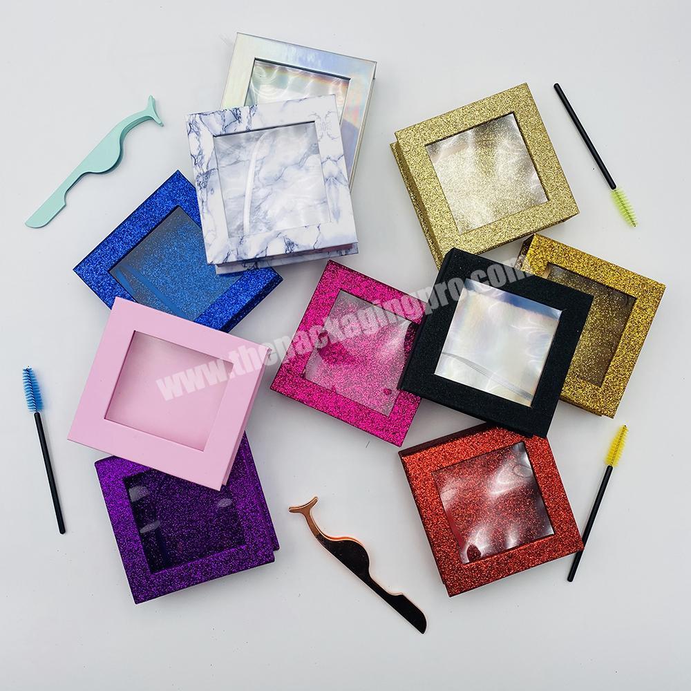 Manufacturer Pink Glitter Empty Private Label Paper Luxury Square Eyelash Box Custom Make Your Own Eyelash Packaging Box