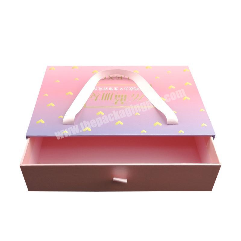Pink Glitter Paper Large Size Sliding Gift Box with Ribbon Handle Drawer Box