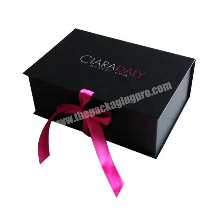 Premium Black Rigid Cardboard Paper Storage Packaging Box with Scarlet Ribbon for Gifts