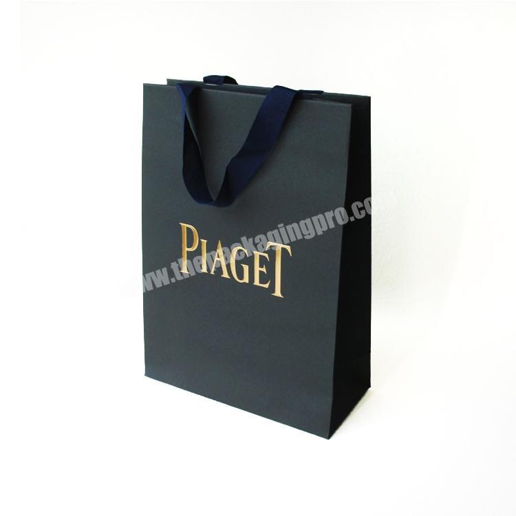 premium quality custom logo gold foiled matt black luxury paper shopping bags with ribbon handle for big brand