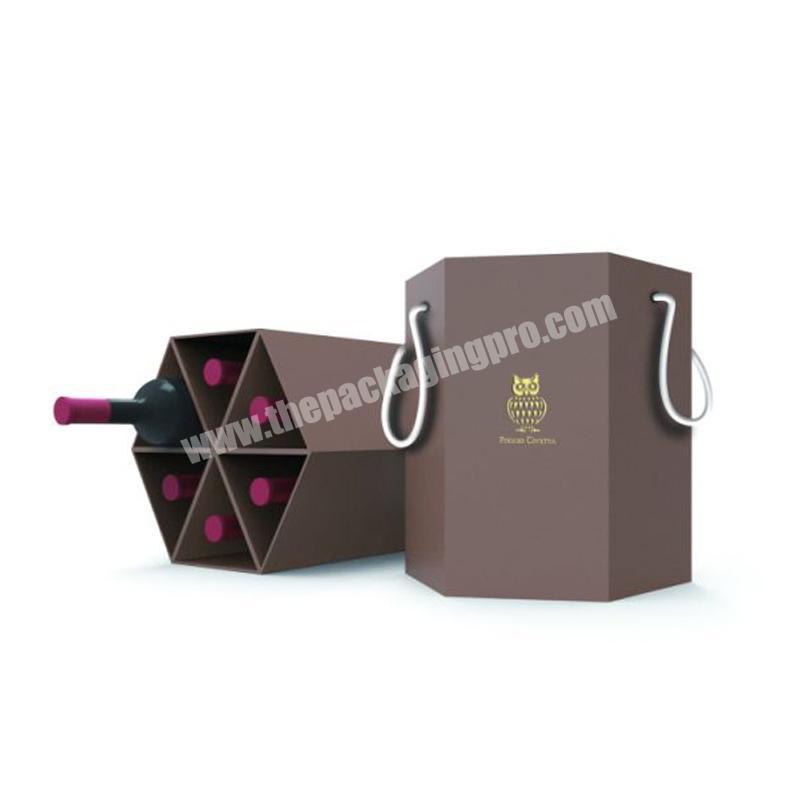 Printing Logo Hexagon Golden Owl Six Bottles Wine Gift Boxes with Handle Ribbon