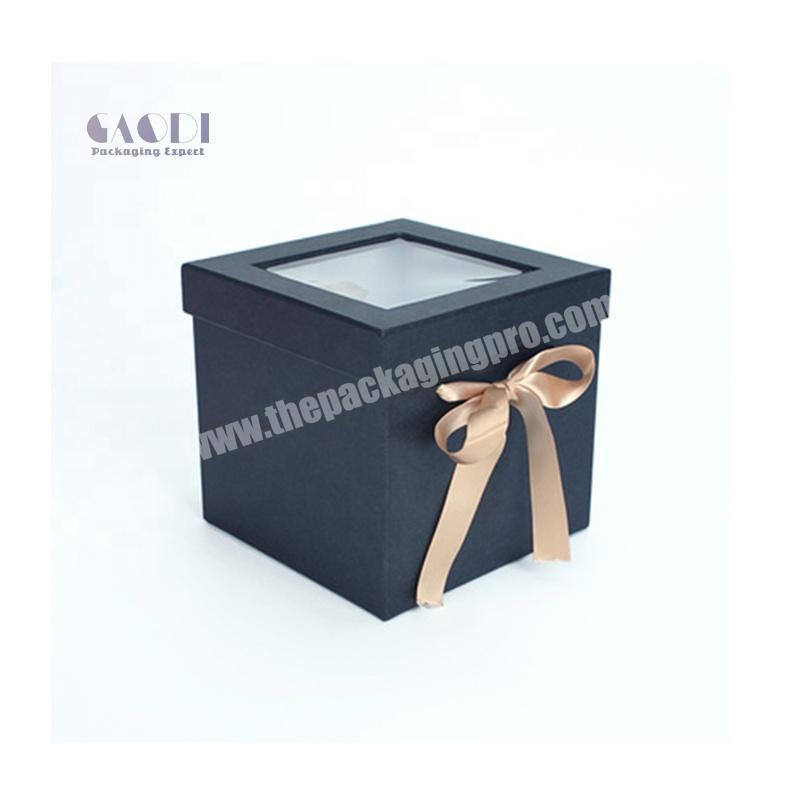 Professional Packaging Factory Custom Matt Black Solid Color Printed Square Cardboard Flower Gift Box With Ribbon