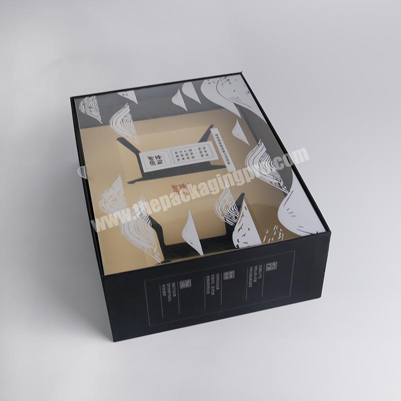 PVC Window Black Rigid Cardboard Tea Box Packaging Drawer Gift Box  With Sturdy Corrugated Insert
