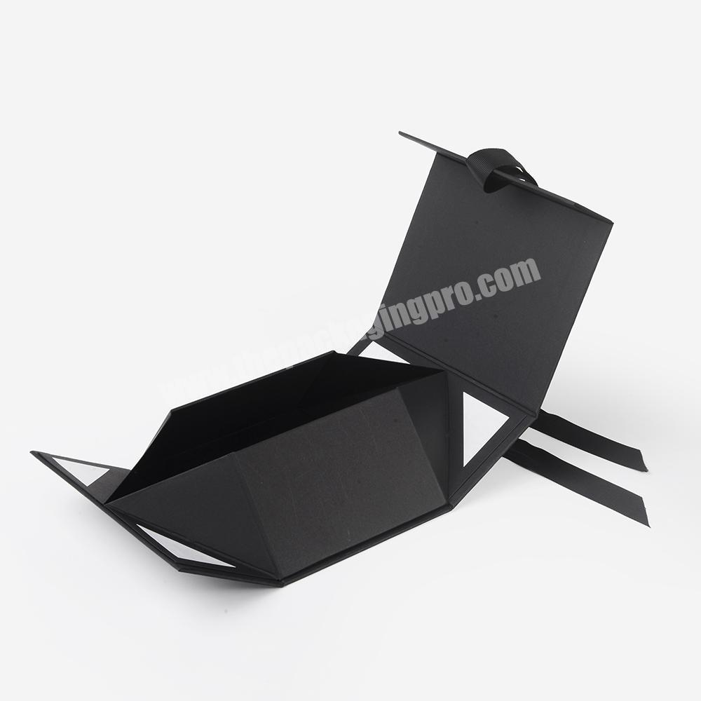 Rectangle Collapsible Rigid Black Flap Cardboard Paper Folding Magnetic Ribbon Closure Custom Gift Box