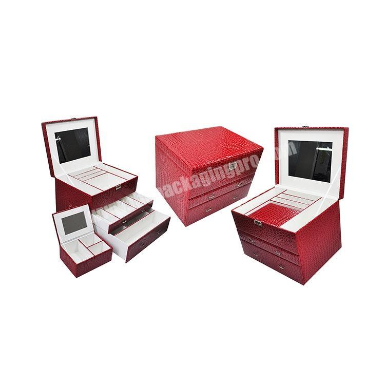 rectangular jewelry box cardboard;custom LOGO red PU leather wooden multi- drawer slide Jewelry storage Case