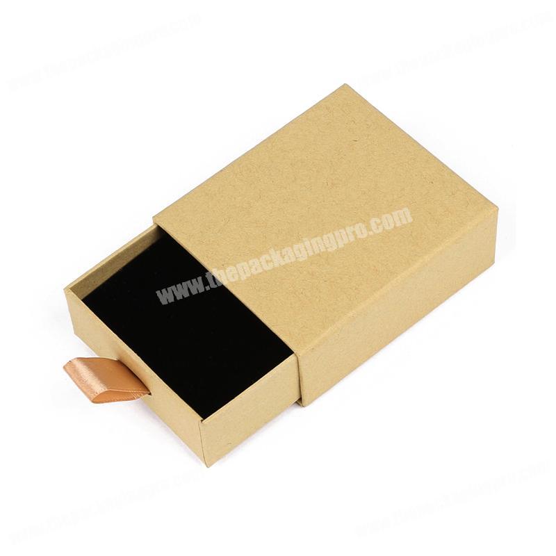 Recyclable kraft brown paper slide drawer ribbon pull tab foam insert necklace jewelry packaging boxes