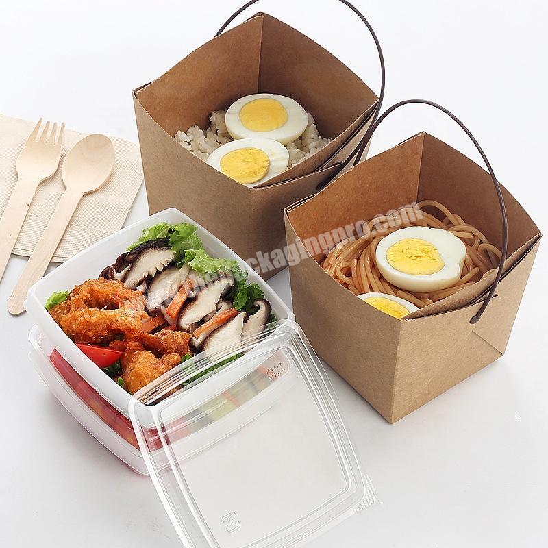Recycle food kraft paper container take away lunch noodle packaging box with tray and handle