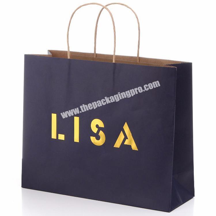 Recycled Custom Shopping Packaging Craft Dark Blue Kraft Paper Bag With Gold Foil Logo And Twisted Handle