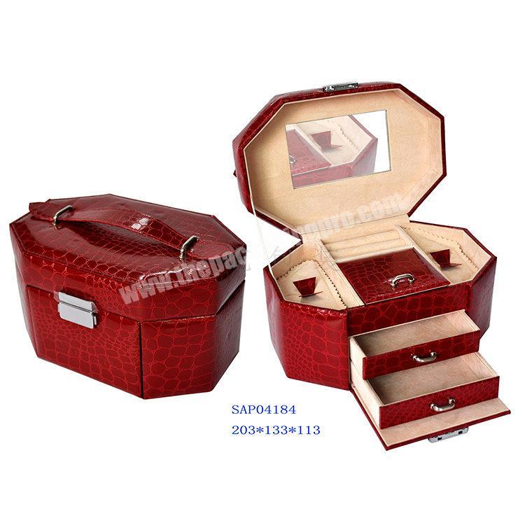 Red PU leather  multi-function drawer slide Jewelry Organizer storage case with mirror