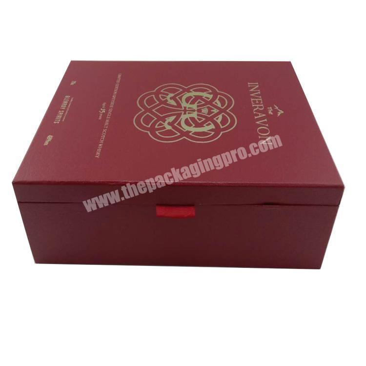 red texture paper box with red ribbon closure box  logo gold stamping  for whisky spirit glass and cup gift set packaging