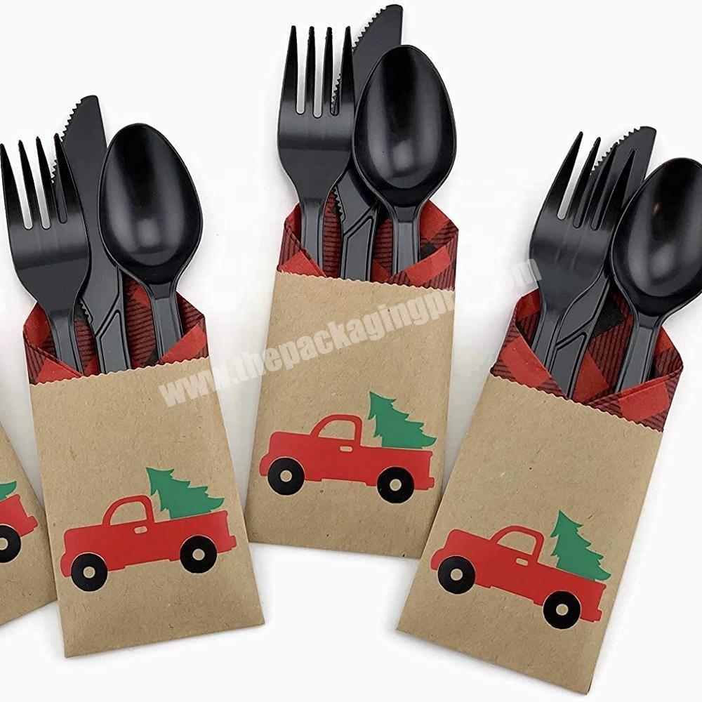 Red truck Christmas party cutlery bag buffalo Plaid napkin cutlery