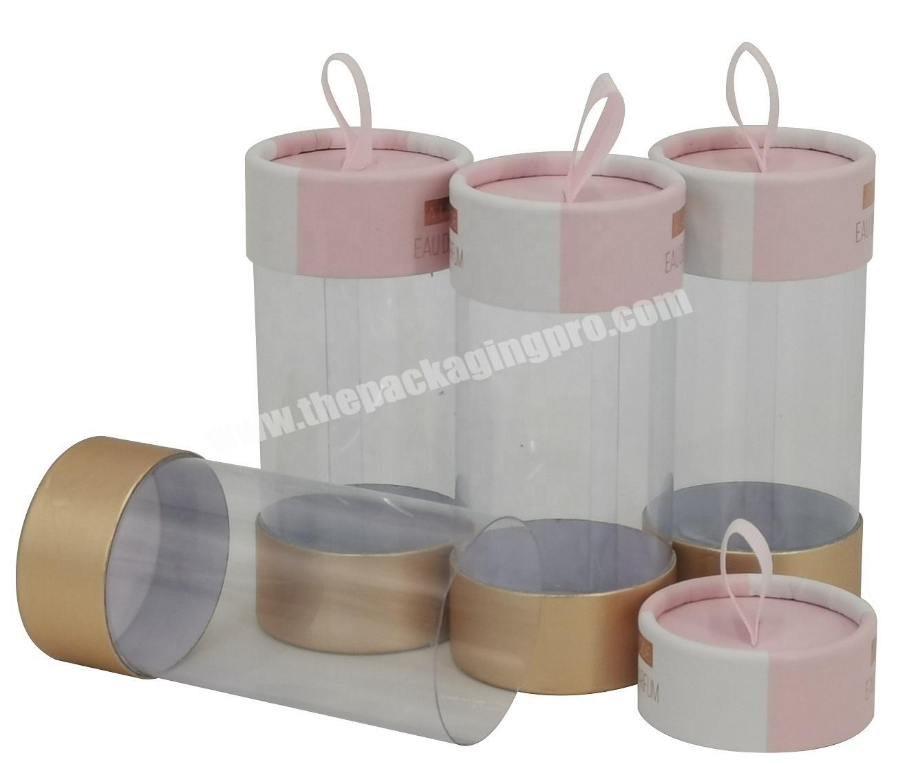 Rolled Edge Paper Tube with Clear Window and Ribbon Hanger Ring for Perfume Packaging