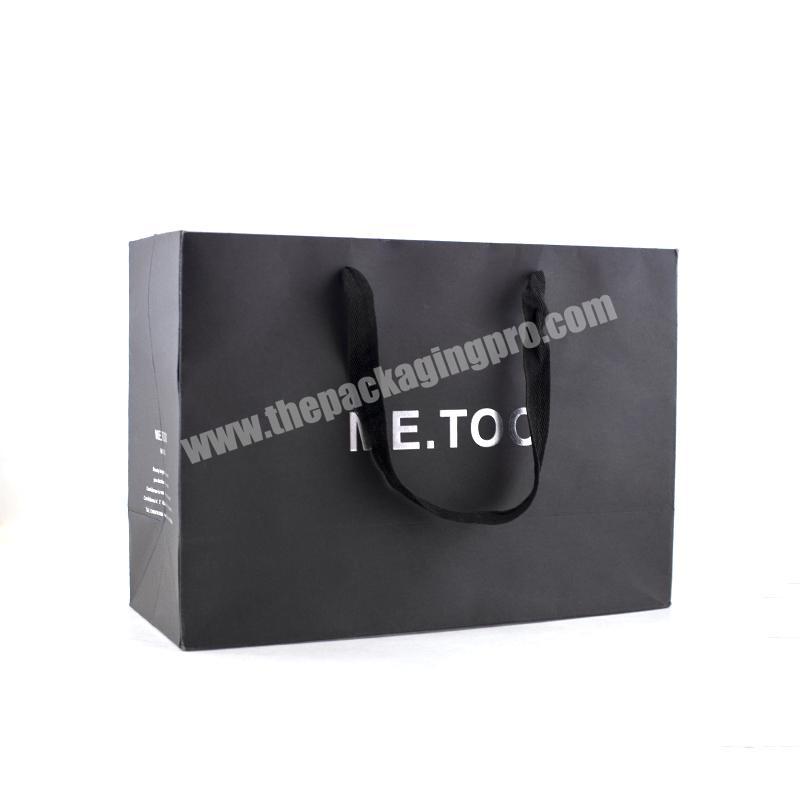 Silver Embossed Logo Black Reusable Clothes Shoes Packaging Paper Bag Custom Simple Foldable Shopping Tote Bag