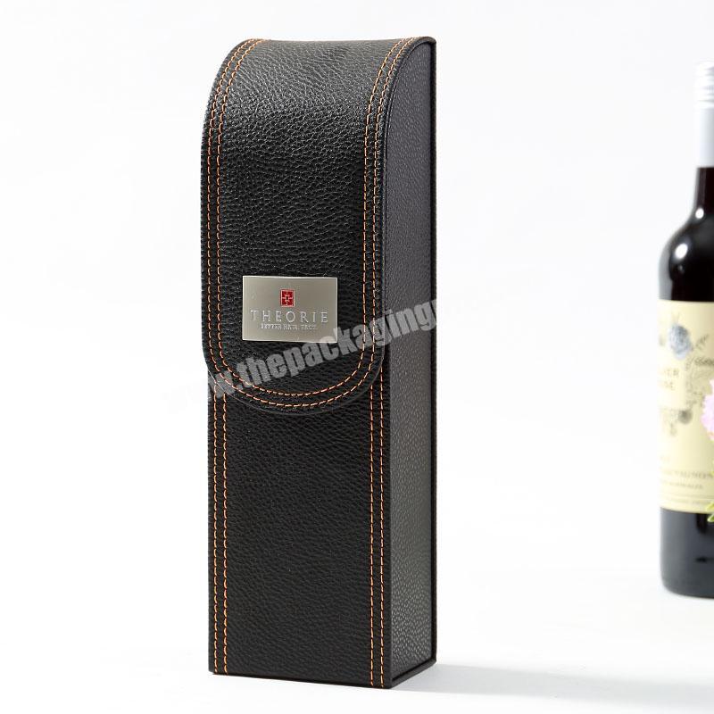 simple classical  Wholesale Custom Logo Black Pu Leather single bottles with magnetic closed Wine Box bottle luxurious