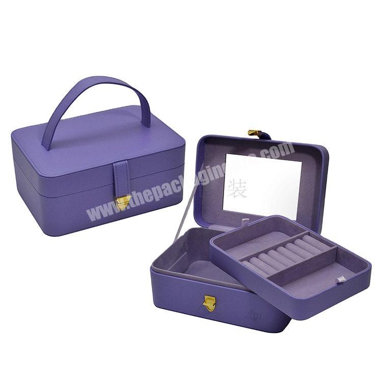 Simple Custom high quality luxury purple  jewelry storage case  make up mirror jewelry case leather