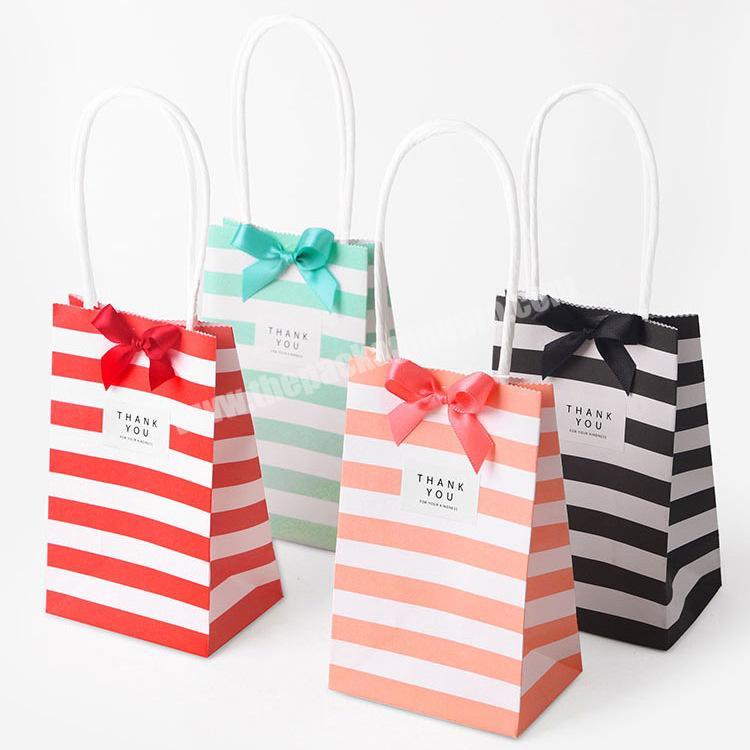 Small confectionery color striped white kraft paper bags wholesale mini complimentary hand  packaging bags with carry handle