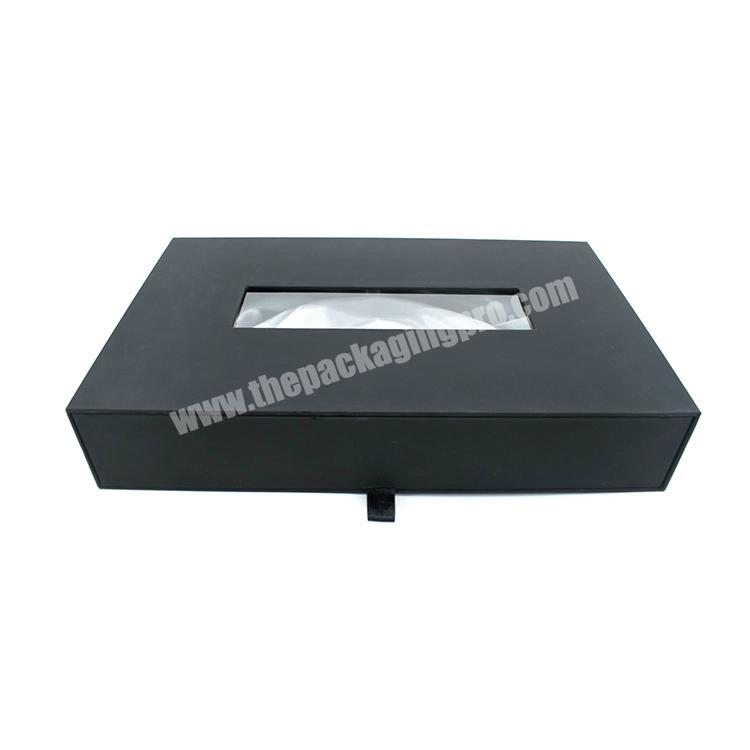 Soft touch black paper box packaging for hair production with clear window on the lid