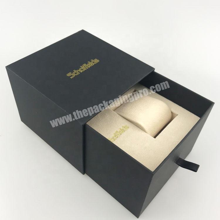 soft touch black paper sharp edge drawer watch box with velvet inlay and pillow watch packaging