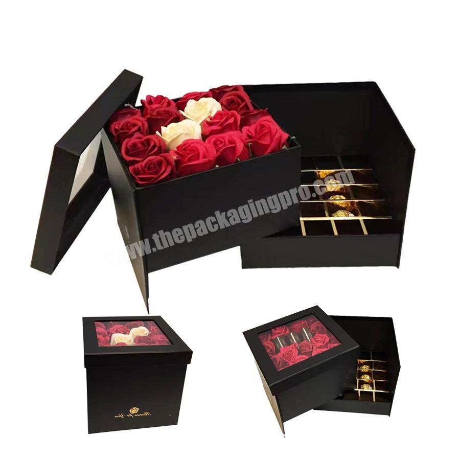 Square cardboard two layers rotatable flower and chocolate storage gift box with PVC window