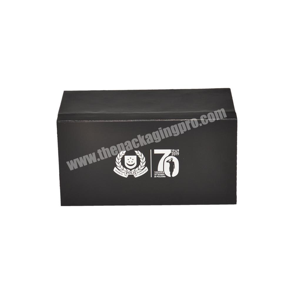Super quality black silver hot foil stamping book shaped neck rigid gift box for company anniversary keepsake