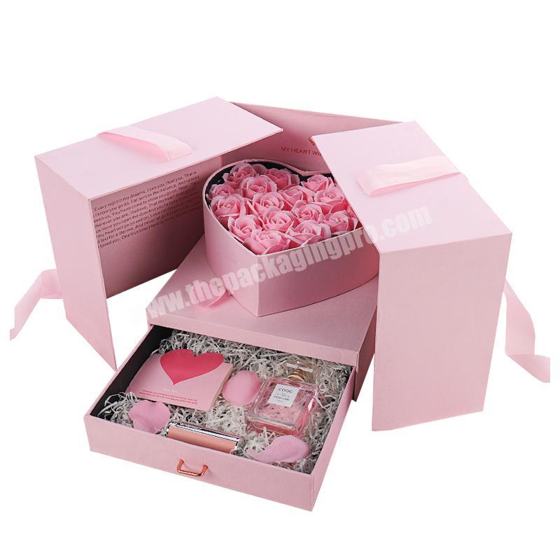 Top End Double Layer Set Boxes Flower Perfume Middle Open Cardboard Drawer Jewellery Gift Packing Box With Ribbon