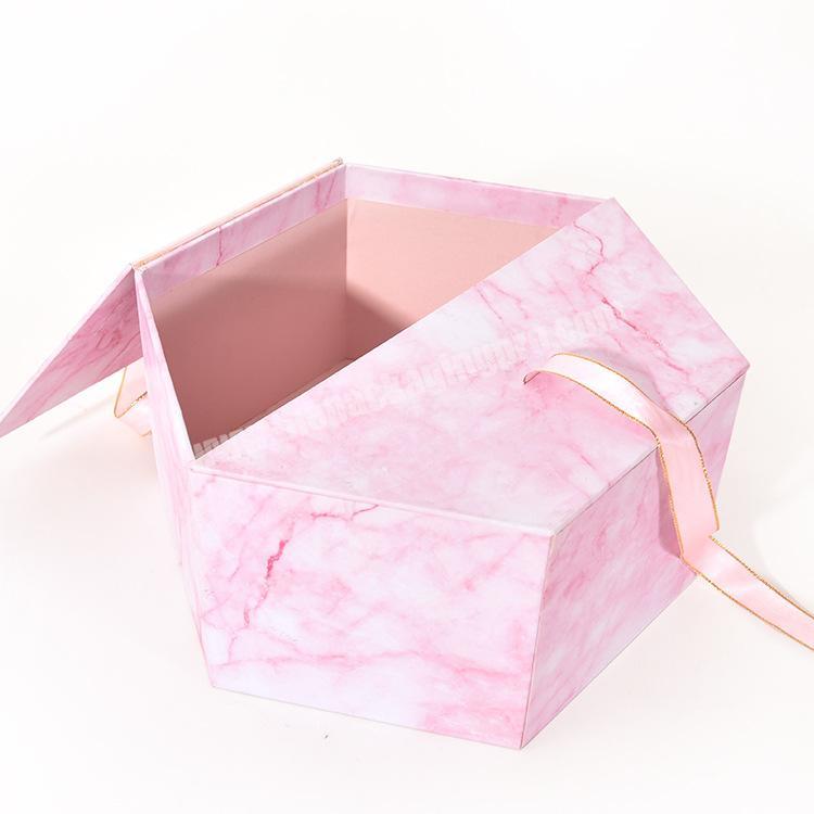 Top Sale High-end Popular Romantic Marble Hexagon Double door Wedding Gift Packing Box with Ribbon Closure