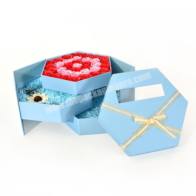 Top Sale High Quality Special Design 3 Layers Large Hexagonal Flower Packing Boxes for Wedding or Birthday with Clear Window
