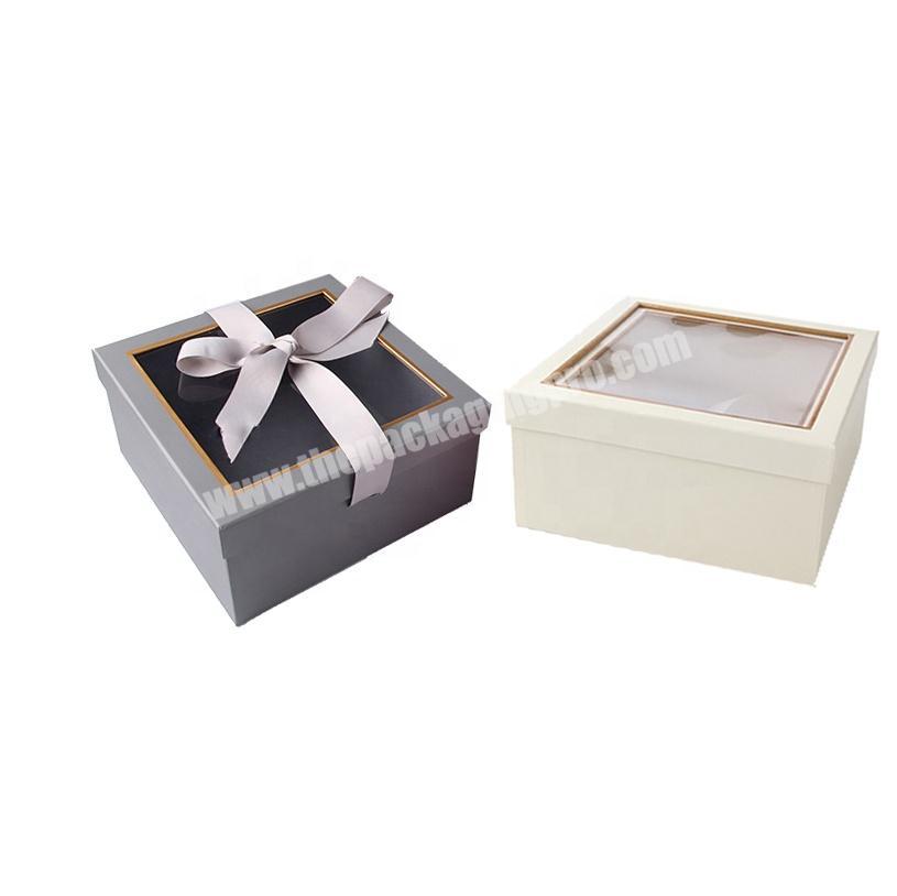 two pieces lid off ribbon decorative festive rigid paper gift box with pvc window