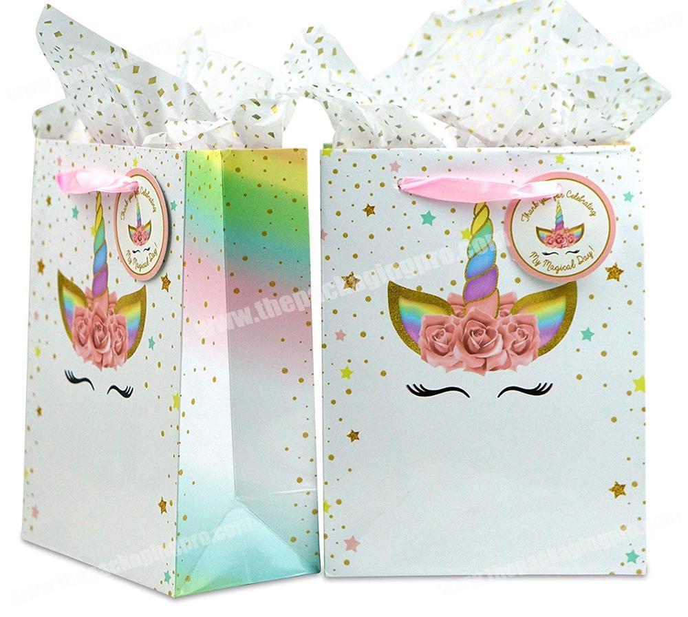 Unicorn Gift Birthday Paper Bag with Thank You Tags and Gold Glitter Tissue Paper for Favors Goodies Treats