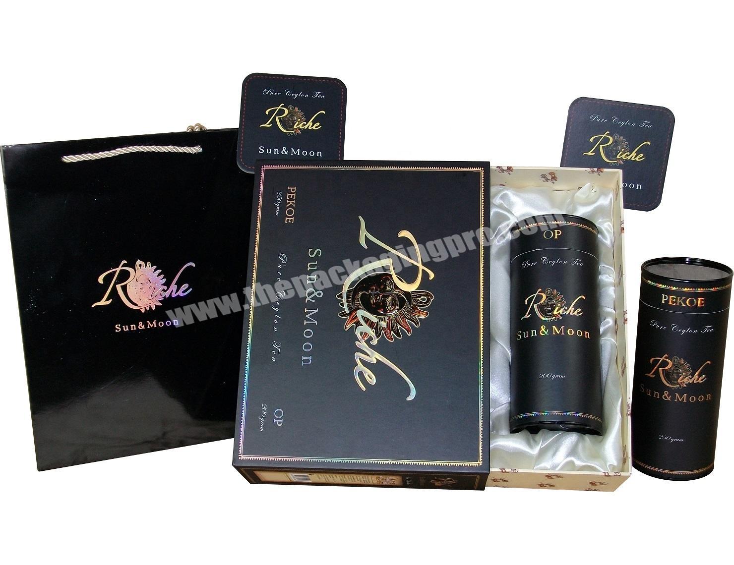 UV Varnishing Tea Canister Packaging Gift Sliding Drawer Box With White Card Paper Bag