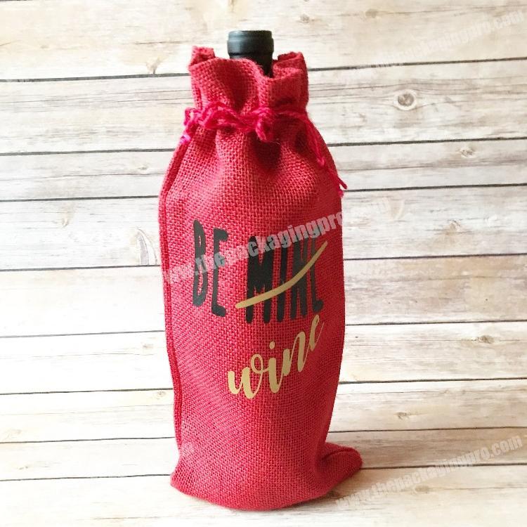 Valentine gift jute burlap wine drawstring bag