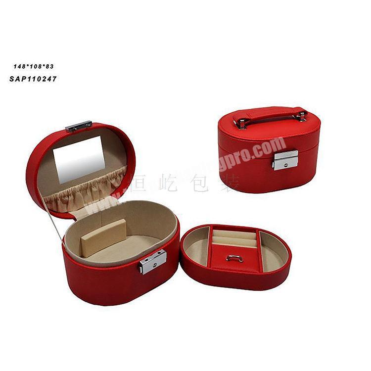 Wedding packaging jewelry box with lock;custom LOGO PU leather red round pro table jewelry box for wedding gift