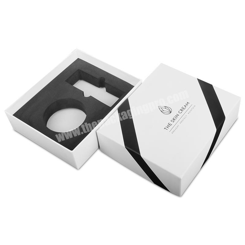 White custom rigid skin care cream jar bottle packaging lid and base black EVA insert gift boxes