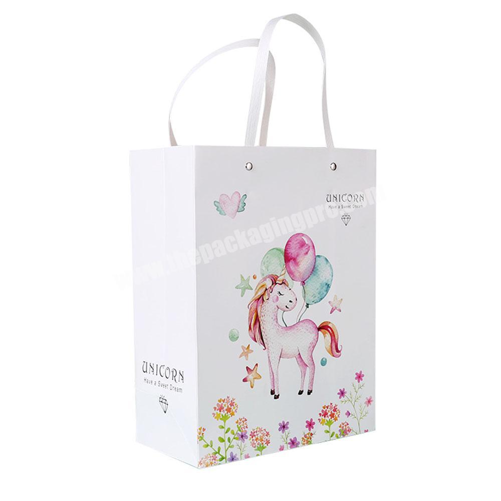 White Cute Small Unicorn Jewelry Gift Paper Shopping Tote Packaging Bag With Flat Rivet Handle With Custom Logo