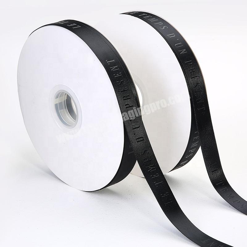 Wholesale 1.5cm Black 100% Polyester Ribbon With Logo Customized Black Embossed Satin Printed Ribbon