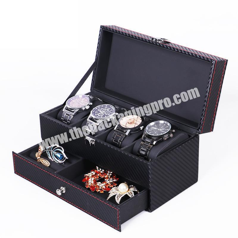 Wholesale 4 slots Carbon fiber double-deck jewellery watch box custom necklace ring breastpin storage display box