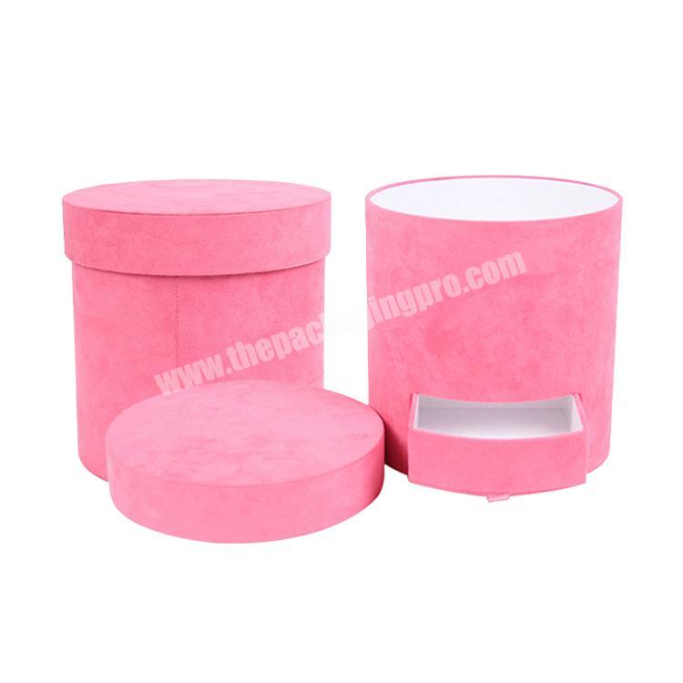 Wholesale Cardboard Cylinder Round Hat Suede Flower Gift Box With Lid, Custom Unique Velvet Roses Bouquet Box Packaging Luxury